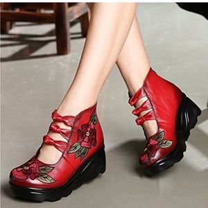 Red Leather Embroidered Mary Janes.   ONLY WORN ONCE!  Size 7.